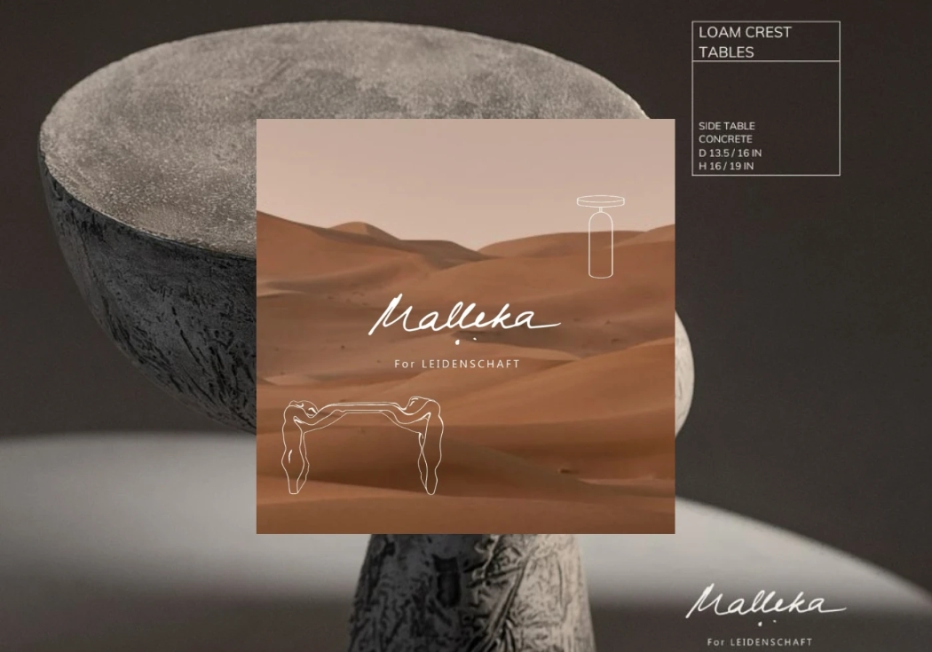 Malleka for Leidenschaft catalog cover over the Loam Crest concrete side table