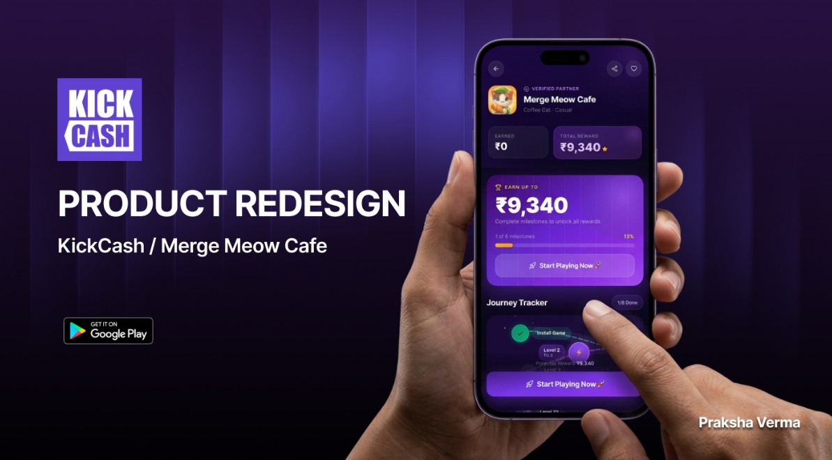 KickCash product redesign — Merge Meow Cafe app screen on a phone