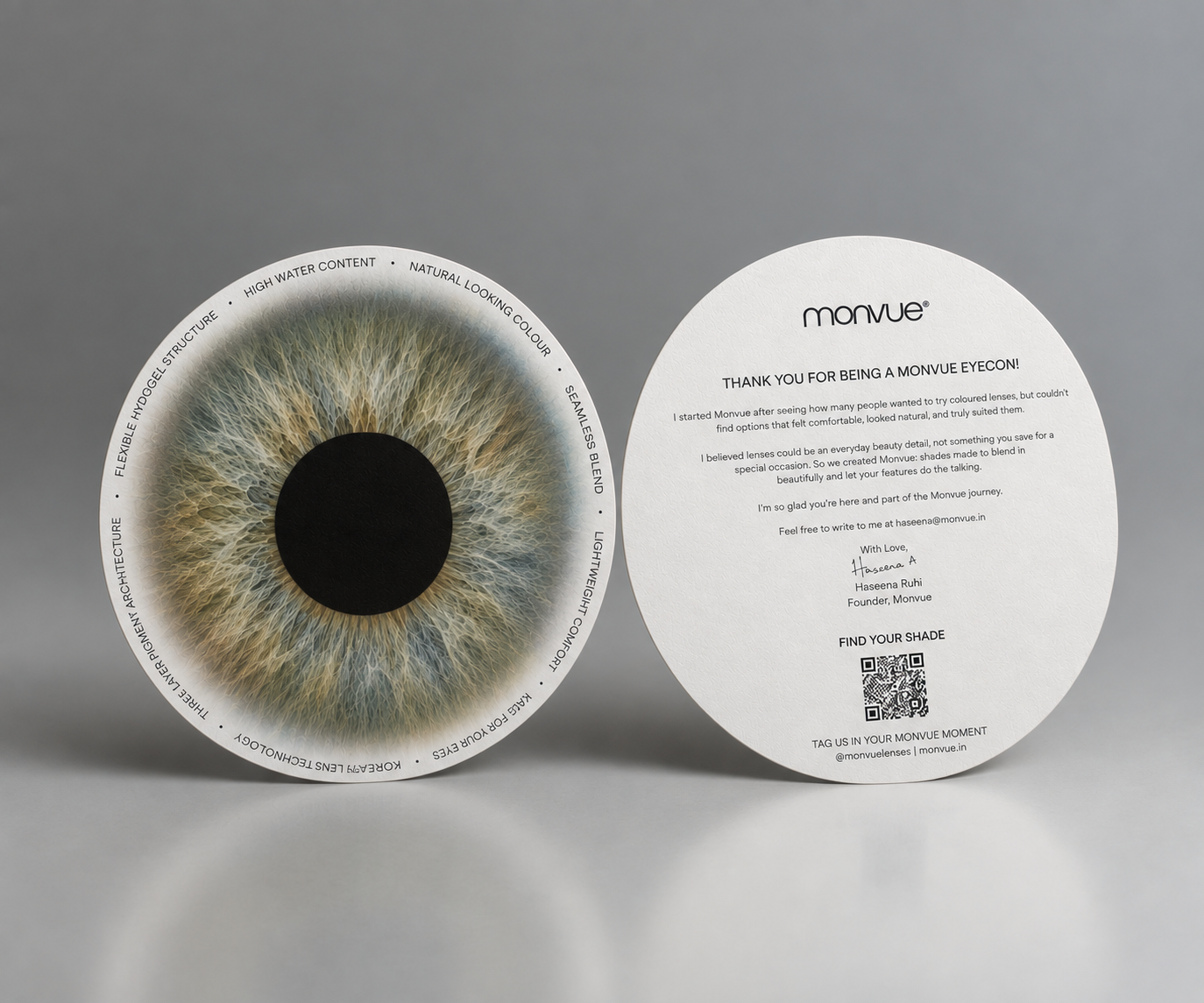 Monvue thank-you card, iris front and founder's note back