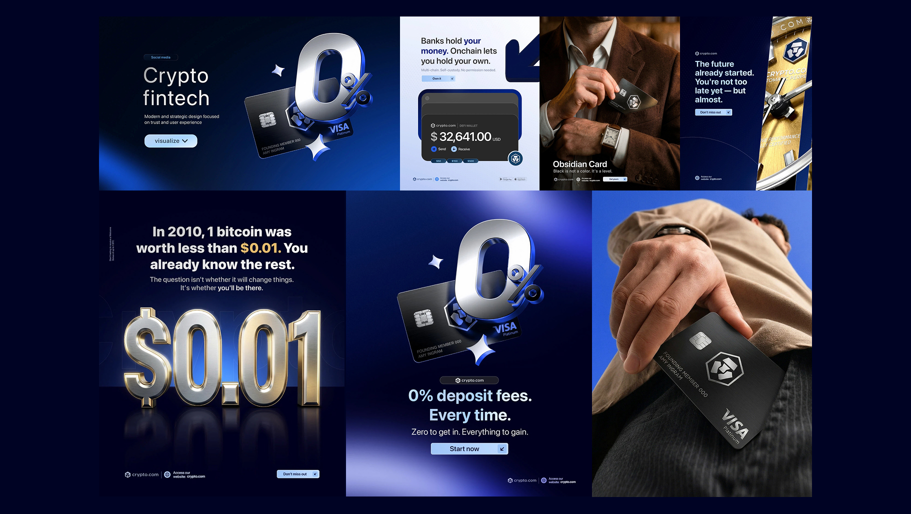 Crypto fintech social media campaign — 0% deposit fees, Obsidian Card and $0.01 bitcoin posts