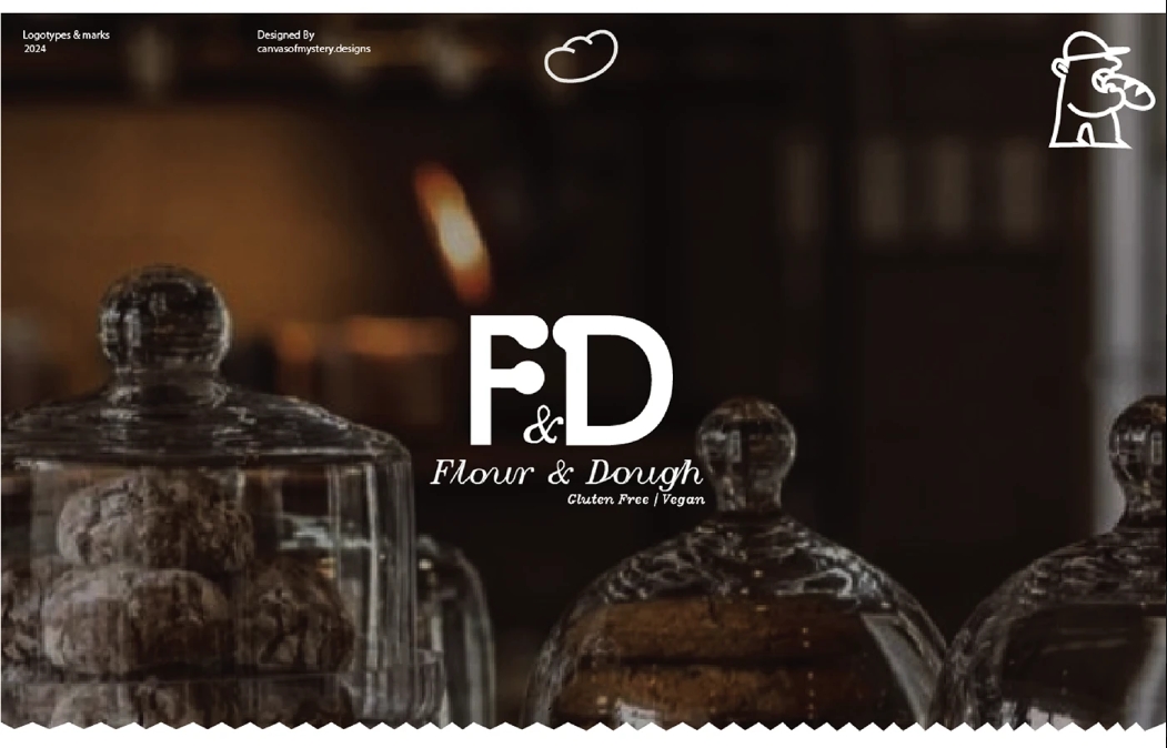 Flour & Dough bakery logo over glass cake domes