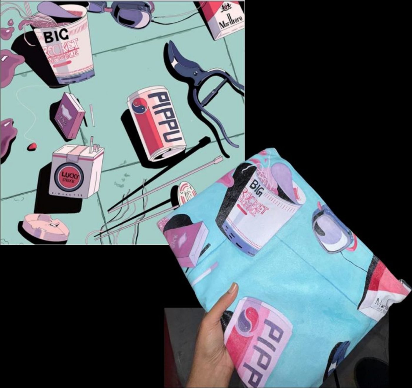 Hand-painted pouch illustration